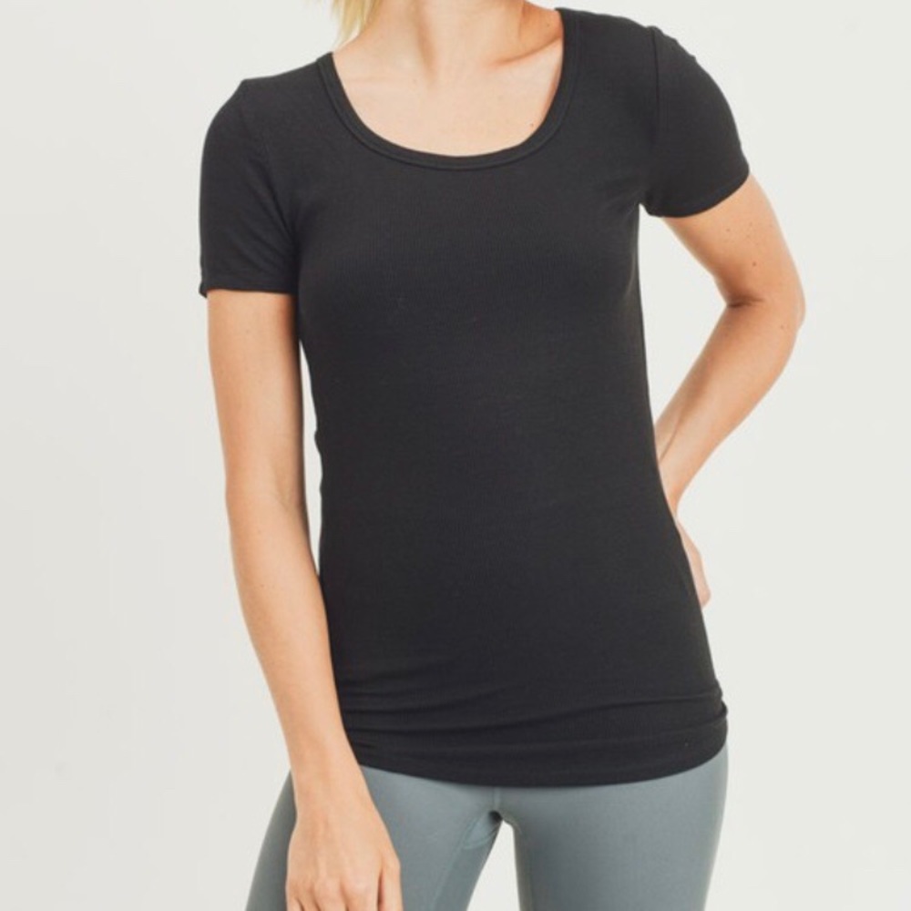 New Short Sleeve Shirt Top Ribbed Curved Hem Scoop
